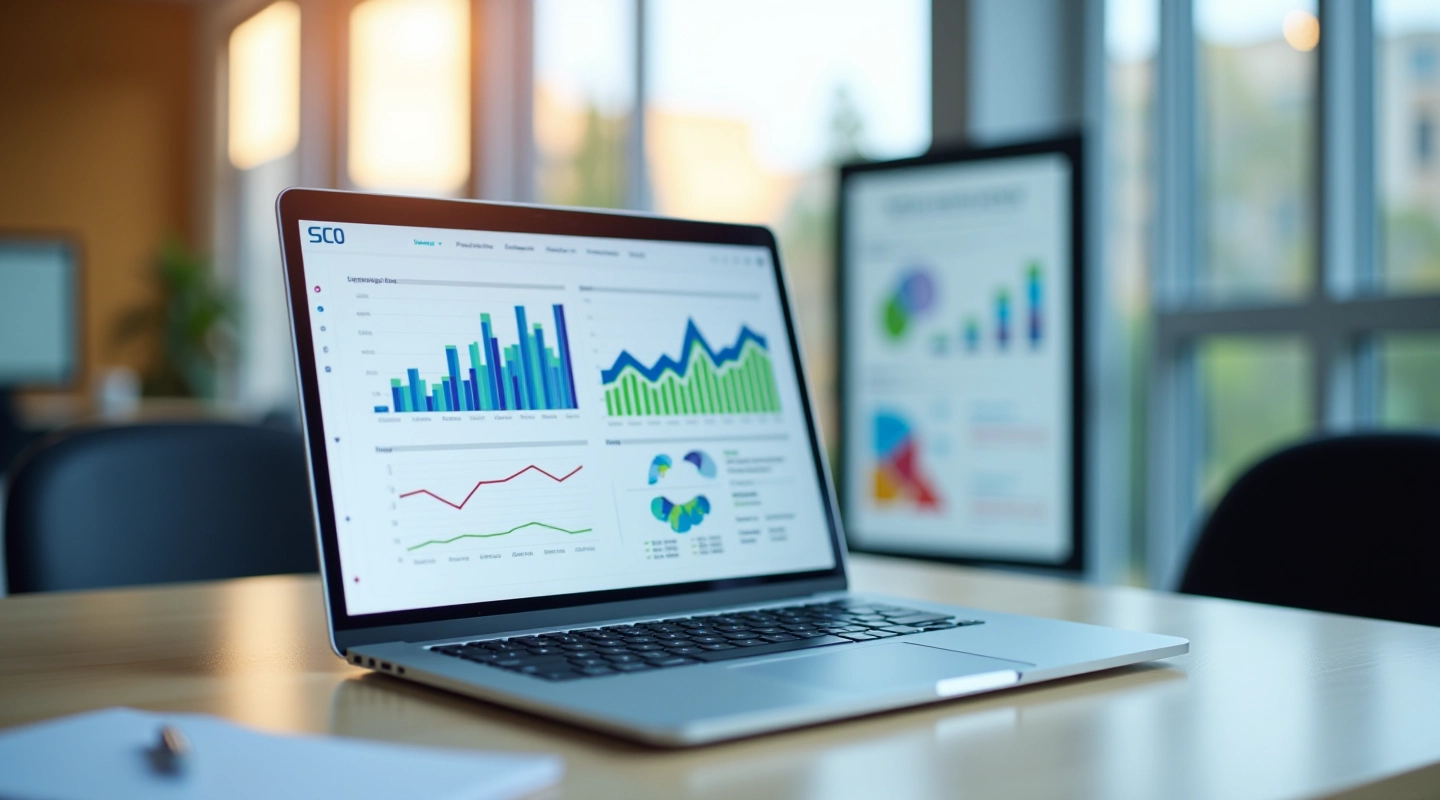 Modern workspace with laptop displaying machine learning algorithms and data analysis